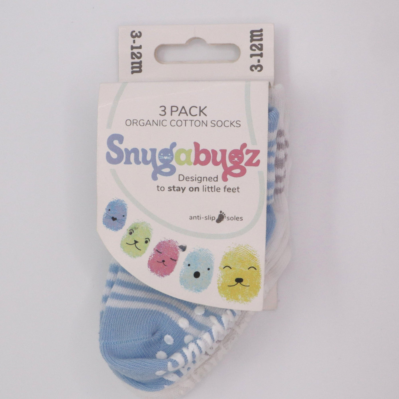 Snugabugz Organic Cotton Baby Socks That Stay On With Non-Slip Soles, infant socks for baby boys- Blue, White, Grey Mix 3 Pairs. Baby socks with grips. Baby socks that don't fall off