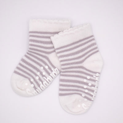 Snugabugz grey white stripe organic cotton Baby Socks That Stay On Baby's Feet  gender neutral infant socks with non-slip soles Pack of 3 pairs. Baby socks that don't fall off. Baby socks with grips. anti-slip baby socks