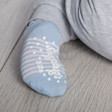 Snugabugz Organic Cotton Baby Socks That Stay On With Non-Slip Soles, infant socks for baby boys- Blue White Stripe 3 Pairs. Baby socks with grips. Baby socks that don't fall off