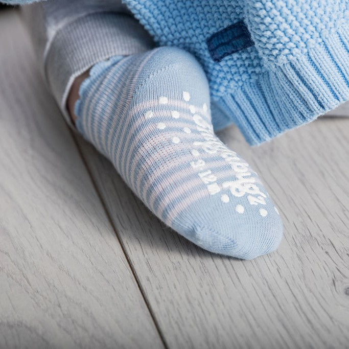 Snugabugz Organic Cotton Baby Socks That Stay On With Non-Slip Soles, infant socks for baby boys- Blue White Stripe. Baby socks with grips. Baby socks that don't fall off. Stay-On baby socks
