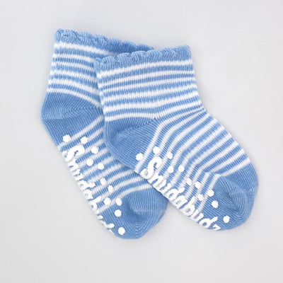 Snugabugz Organic Cotton Baby Socks That Stay On With Non-Slip Soles, infant socks for baby boys- Blue White Stripe 3 Pairs. Baby socks with grips. Baby socks that don't fall off