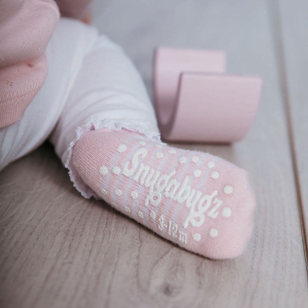  Snugabugz baby girl socks that stay on. organic cotton baby socks with non-slip soles. Pink infant girl socks. Newborn baby socks that don’t fall off