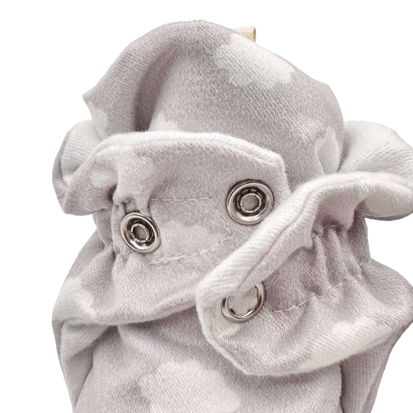 Snugabugz_Stay-On_Baby_Booties_Grey_Clouds_Gender_Neutral_Print_Organic_Cotton_Pram_Shoes with adjustable snap closure for a stay on fit