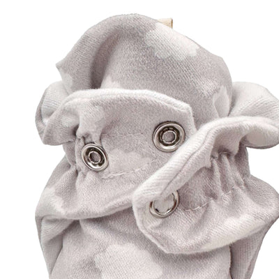 Snugabugz_Stay-On_Baby_Booties_Grey_Clouds_Gender_Neutral_Print_Organic_Cotton_Pram_Shoes with adjustable snap closure for a stay on fit