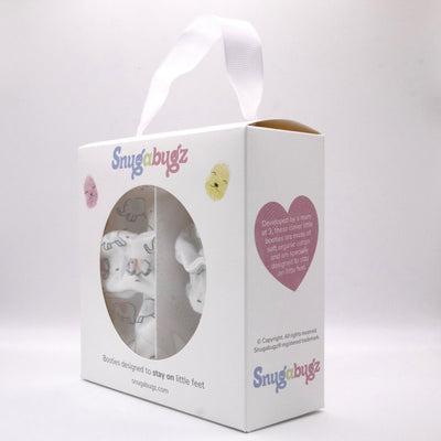 Gender Neutral baby booties that stay on for infants made with soft organic cotton, sustainable, with flexible non-slip soles. Barefoot soft sole baby shoes. Barefoot soft sole baby shoes in gift box for baby shower gift or new baby gift idea.