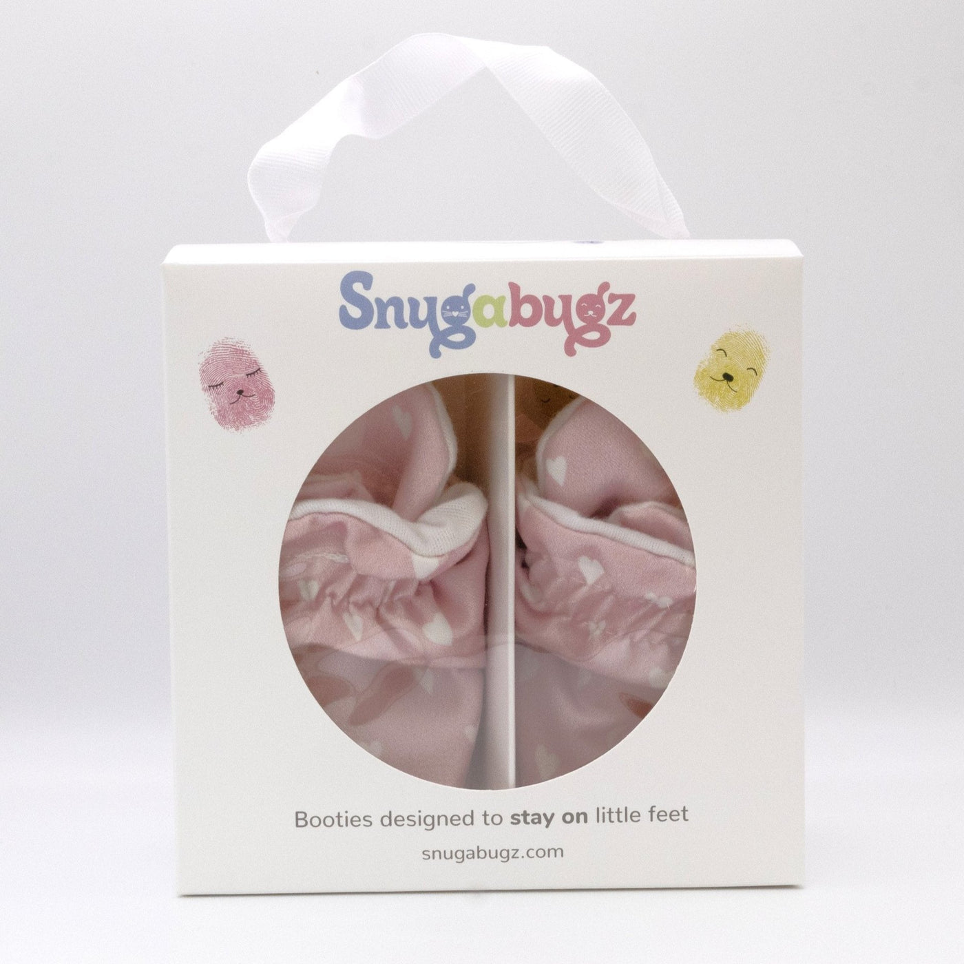 Pink baby girl booties that stay on for infants made with soft organic cotton, sustainable, with flexible non-slip soles. Barefoot soft sole baby shoes. Barefoot soft sole baby shoes in gift box for baby shower gift or new baby girl gift idea.