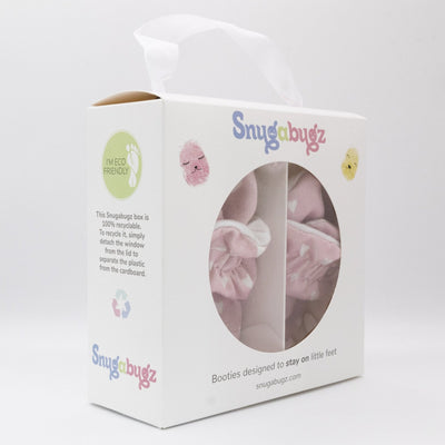 Snugabugz dusky pink baby girl booties that stay on for infants made with soft organic cotton, sustainable, with flexible non-slip soles. Barefoot soft sole baby shoes in gift box for baby shower gift or new baby girl gift idea.