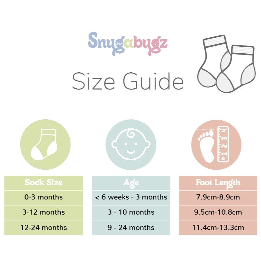 Snugabugz Stay On Baby Socks with grips size chart. Baby socks that stay on with non-slip soles.