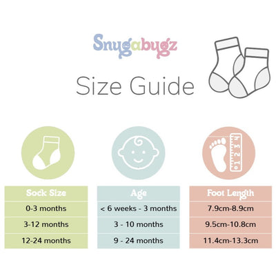 Snugabugz Stay On Baby Socks with grips size chart. Baby socks that stay on with non-slip soles.