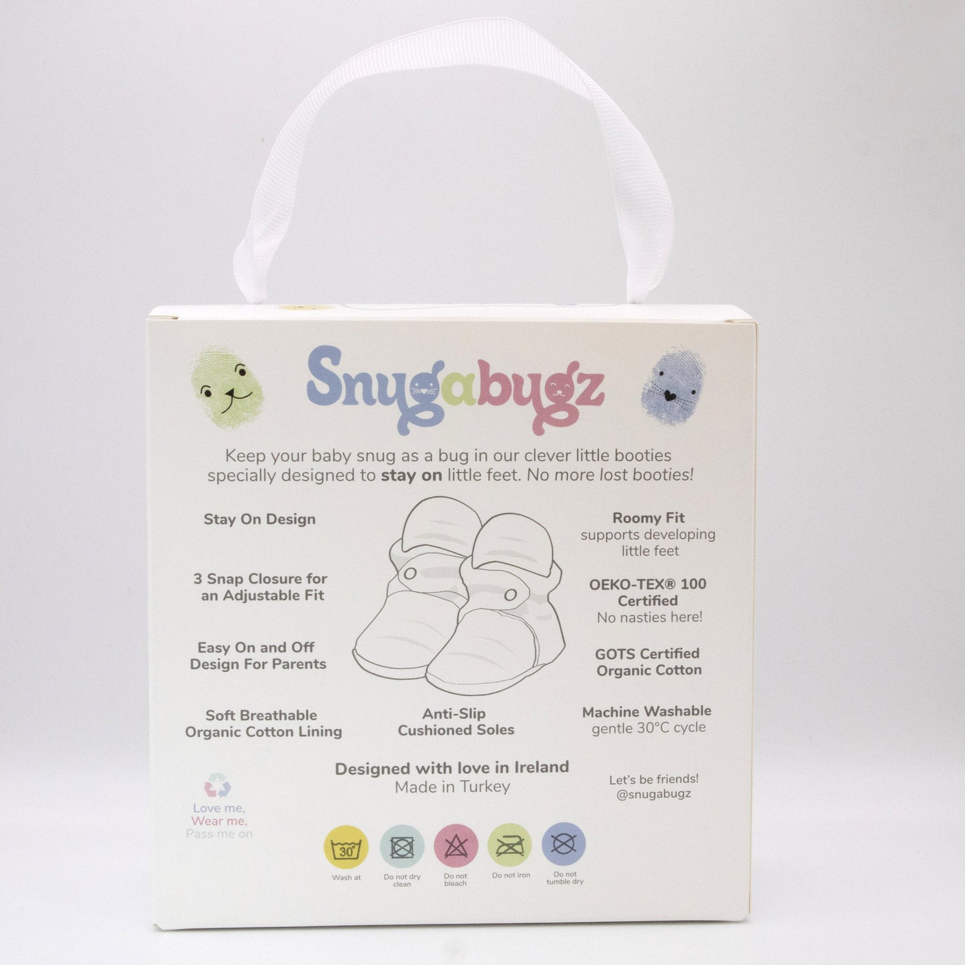 Cute baby booties that stay on for infant baby boy made with organic cotton, sustainable, with non-slip soles for walking. Barefoot soft sole baby shoes in gift box for baby shower gift idea or new baby prepsent